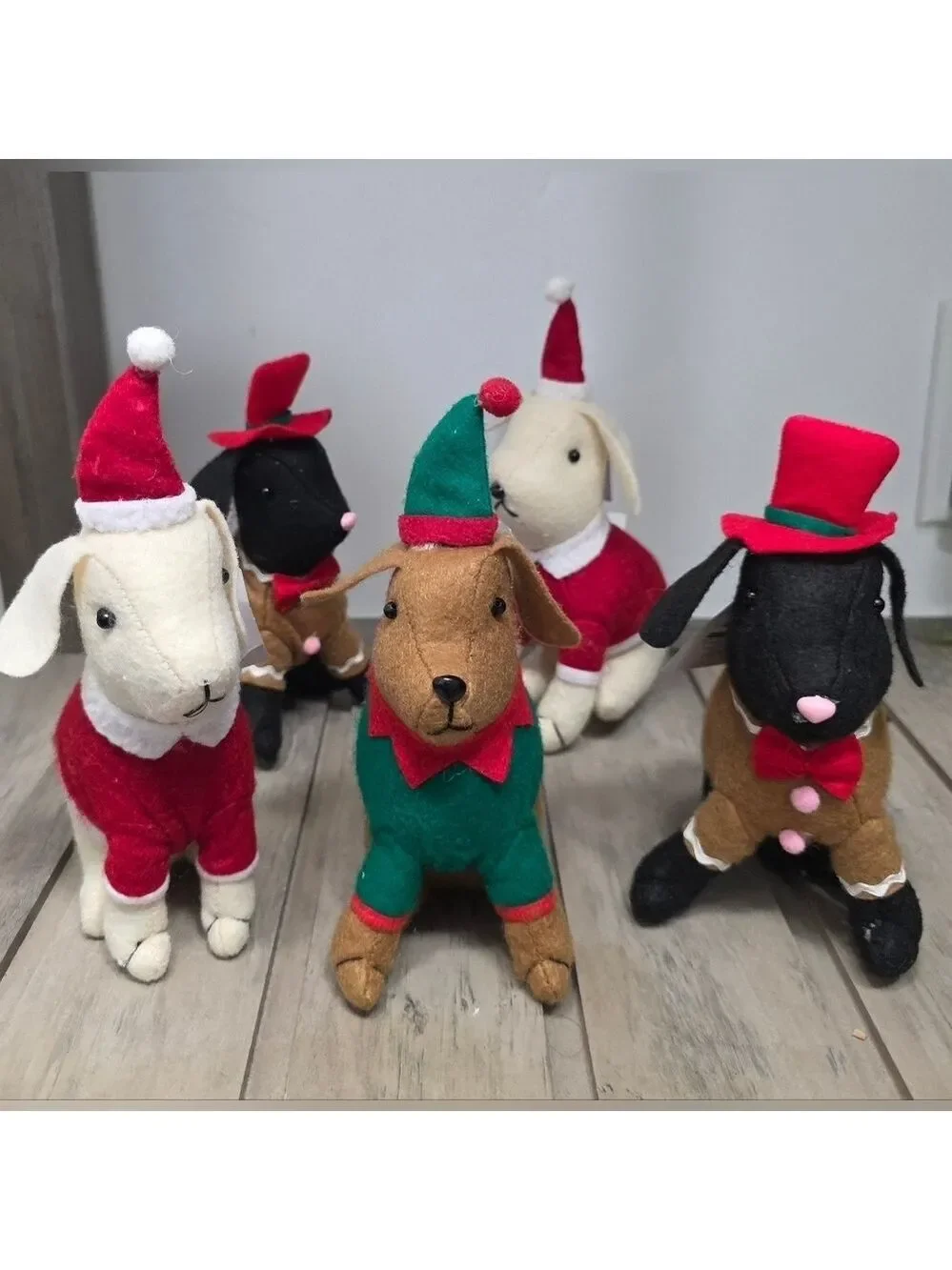 Set Of Five Christmas Decor Plush Fabric Dogs - New With Tags
